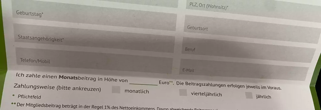 Eingabefelder zum Mitgliedsbeitrag im PaüoertMitgliedsantrag von Bündnis 90/Die Grünen